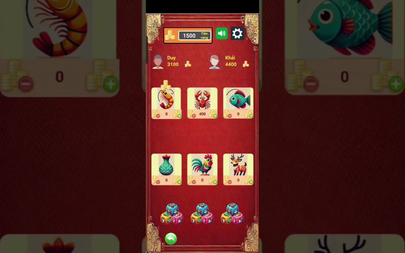 bàn bầu cua với xúc xắc và hình bầu cua